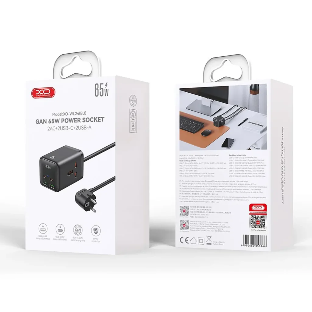 Сетевой фильтр XO (WL24.black) 2 розетки, 2 х USB, 2 x USB-C, 1.5 м, Black UA