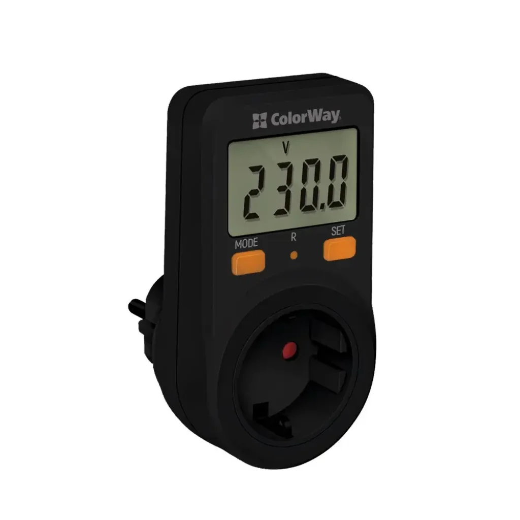 Енергометр цифровий (W/V/A/C/KWh) СolorWay для розетки (16A/3680W) (CW-VM16-01D) UA