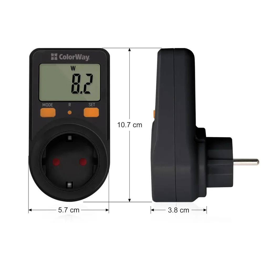 Енергометр цифровий (W/V/A/C/KWh) СolorWay для розетки (16A/3680W) (CW-VM16-01D) UA