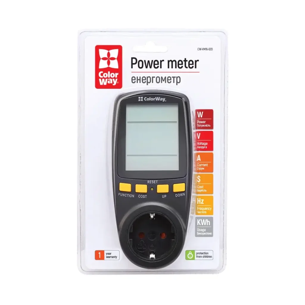 Энергометр цифровой (W/V/A/C/Hz/KWh) СolorWay для розетки (16A/3680W) (CW-VM16-02D) UA