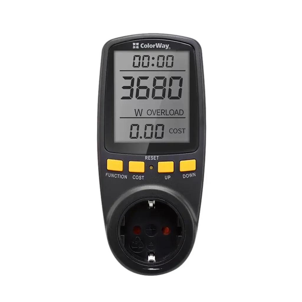 Энергометр цифровой (W/V/A/C/Hz/KWh) СolorWay для розетки (16A/3680W) (CW-VM16-02D) UA