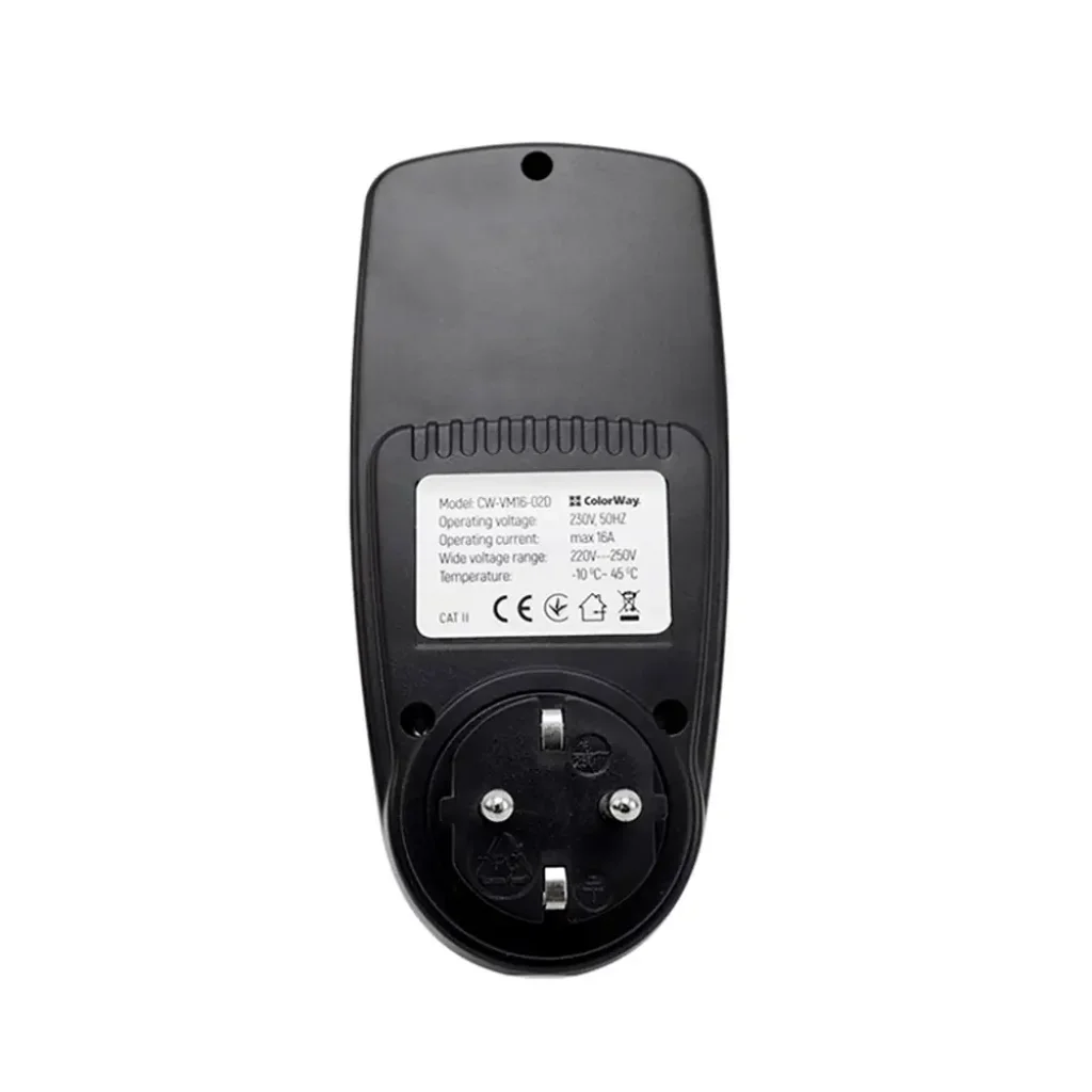 Энергометр цифровой (W/V/A/C/Hz/KWh) СolorWay для розетки (16A/3680W) (CW-VM16-02D) UA