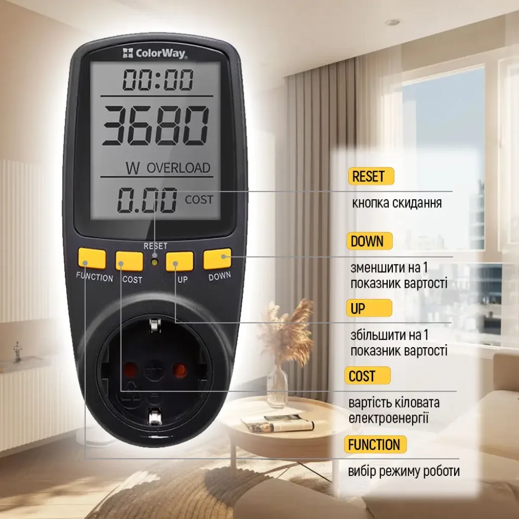 Энергометр цифровой (W/V/A/C/Hz/KWh) СolorWay для розетки (16A/3680W) (CW-VM16-02D) UA
