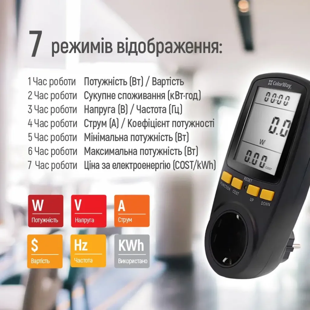 Энергометр цифровой (W/V/A/C/Hz/KWh) СolorWay для розетки (16A/3680W) (CW-VM16-02D) UA