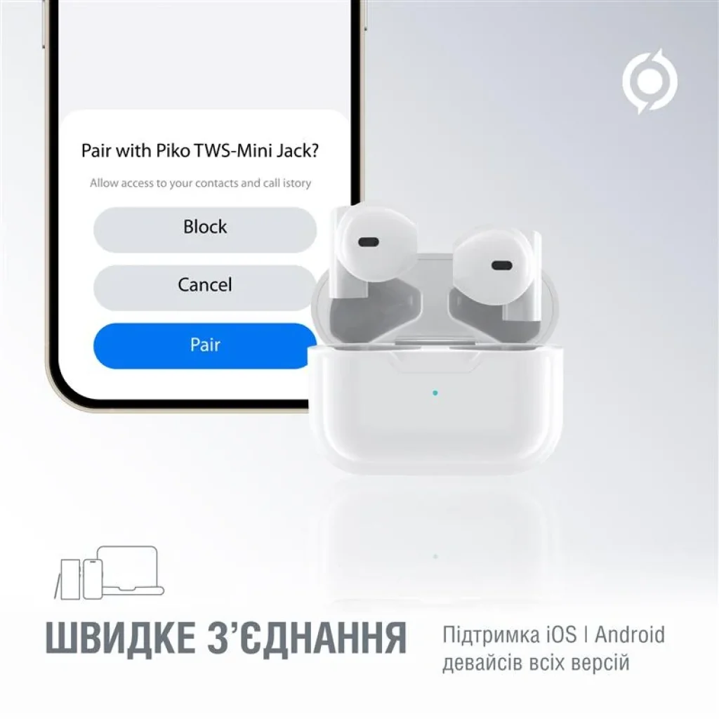 Bluetooth-гарнітура Piko TWS-MiniJack White (1283126583407) UA
