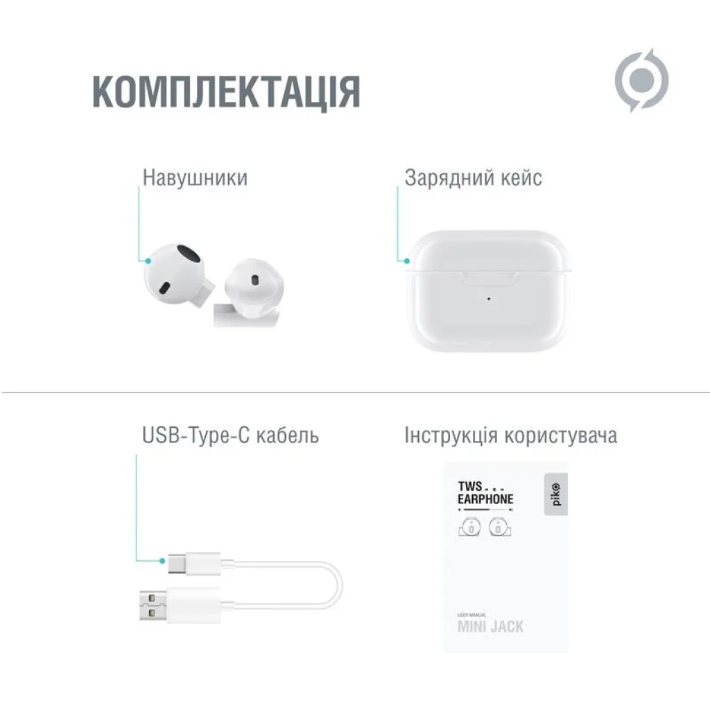 Bluetooth-гарнітура Piko TWS-MiniJack White (1283126583407) UA