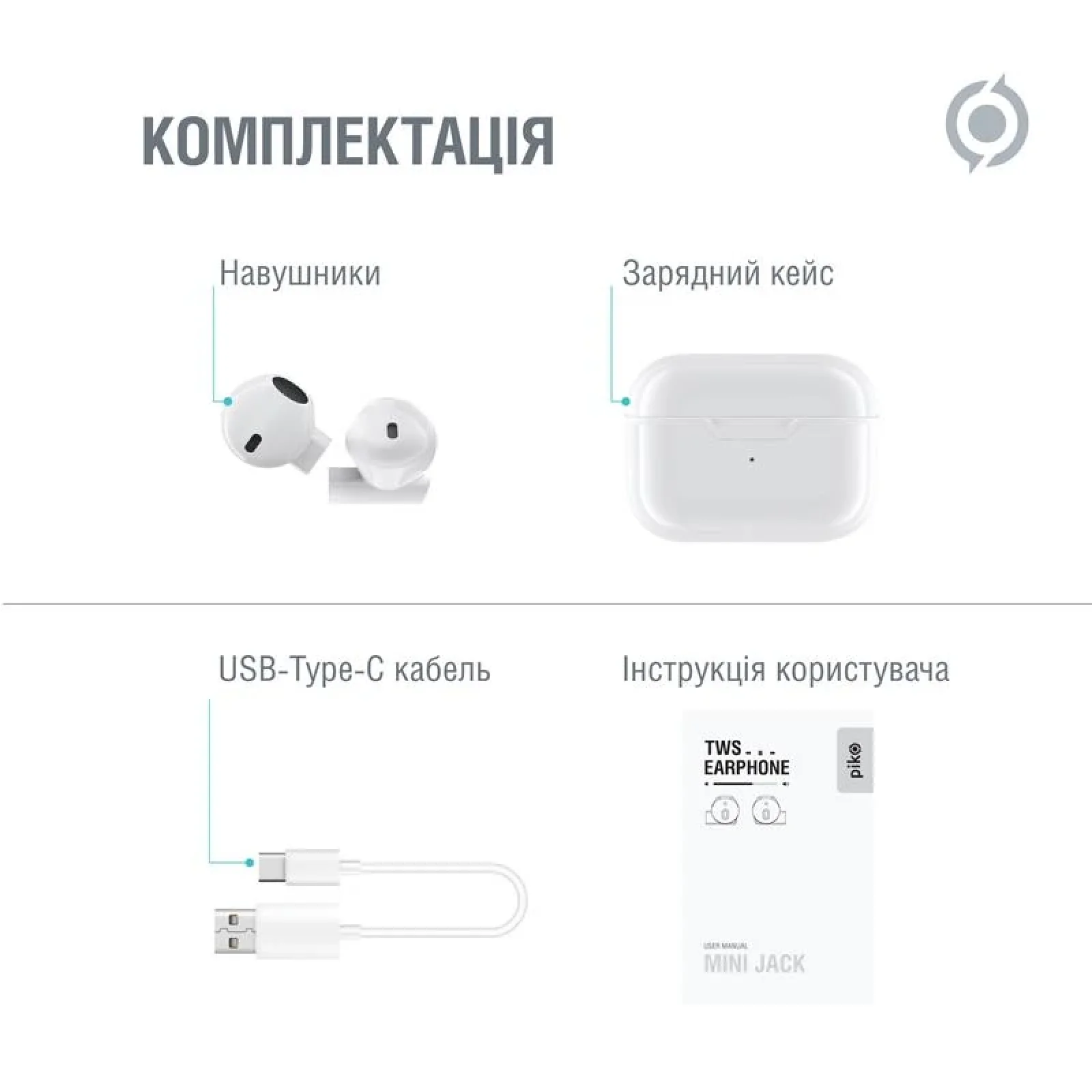 Bluetooth-гарнітура Piko TWS-MiniJack White (1283126583407) UA