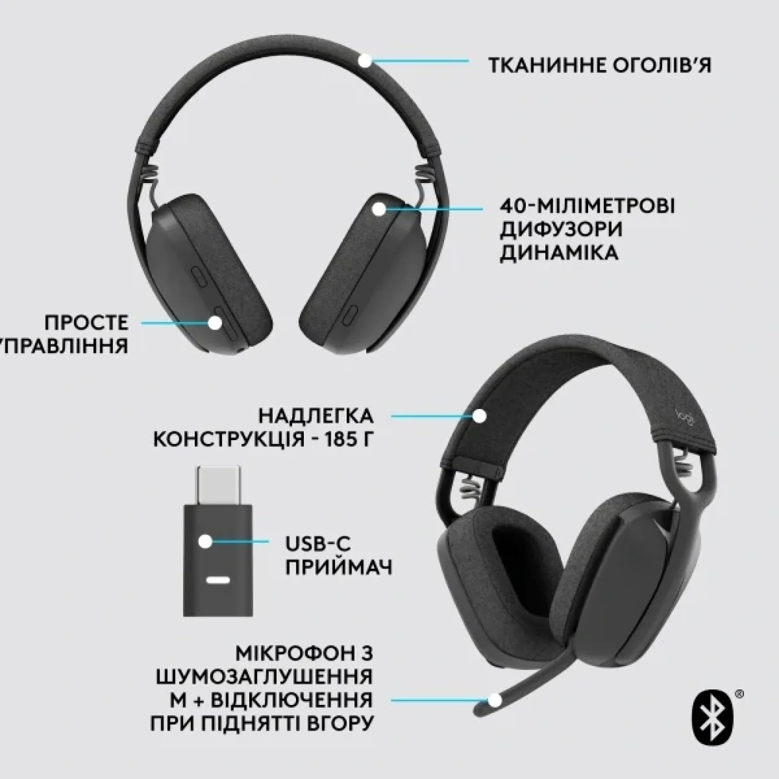 Bluetooth-гарнитура Logitech Zone Vibe Wireless UC Graphite (981-001199) UA