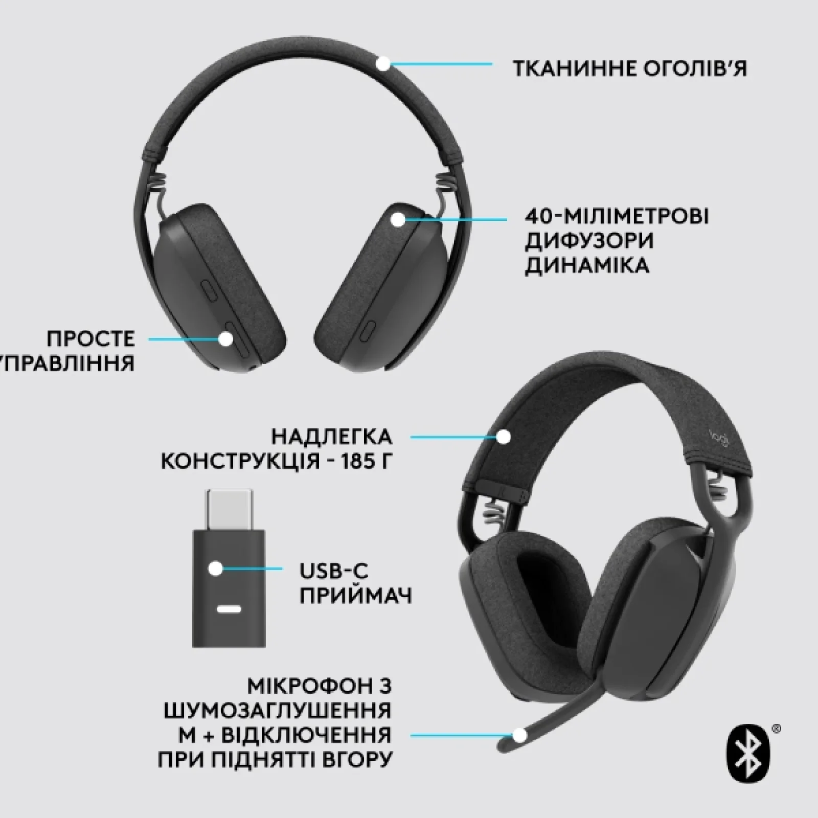 Bluetooth-гарнитура Logitech Zone Vibe Wireless UC Graphite (981-001199) UA