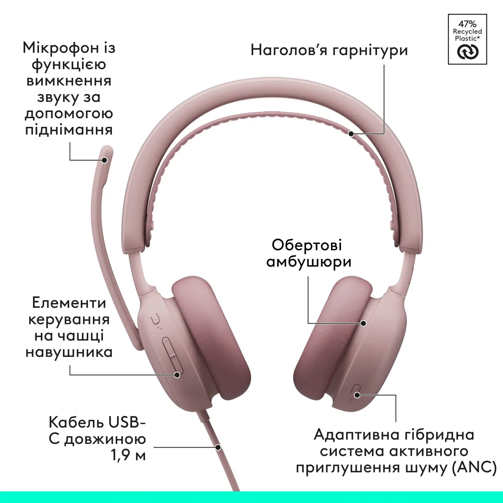 Гарнітура Logitech Zone Wired 2 USB Rose (981-001620) UA