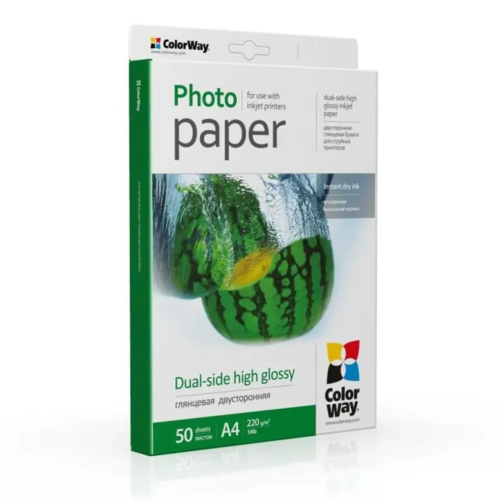 Фотопапір ColorWay глянцевий двосторонній 220г/м2 A4 50 арк. (PGD220050A4) UA
