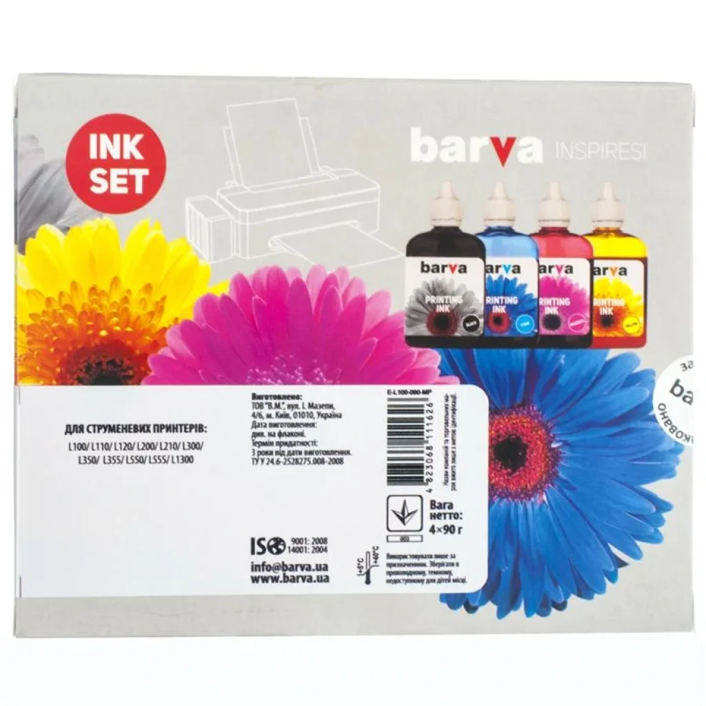 Комплект чернил Barva EPSON L100/L210/L300/L350/L355 B/C/M/Y (T664) (E-L100-090-MP) 4х90 г UA