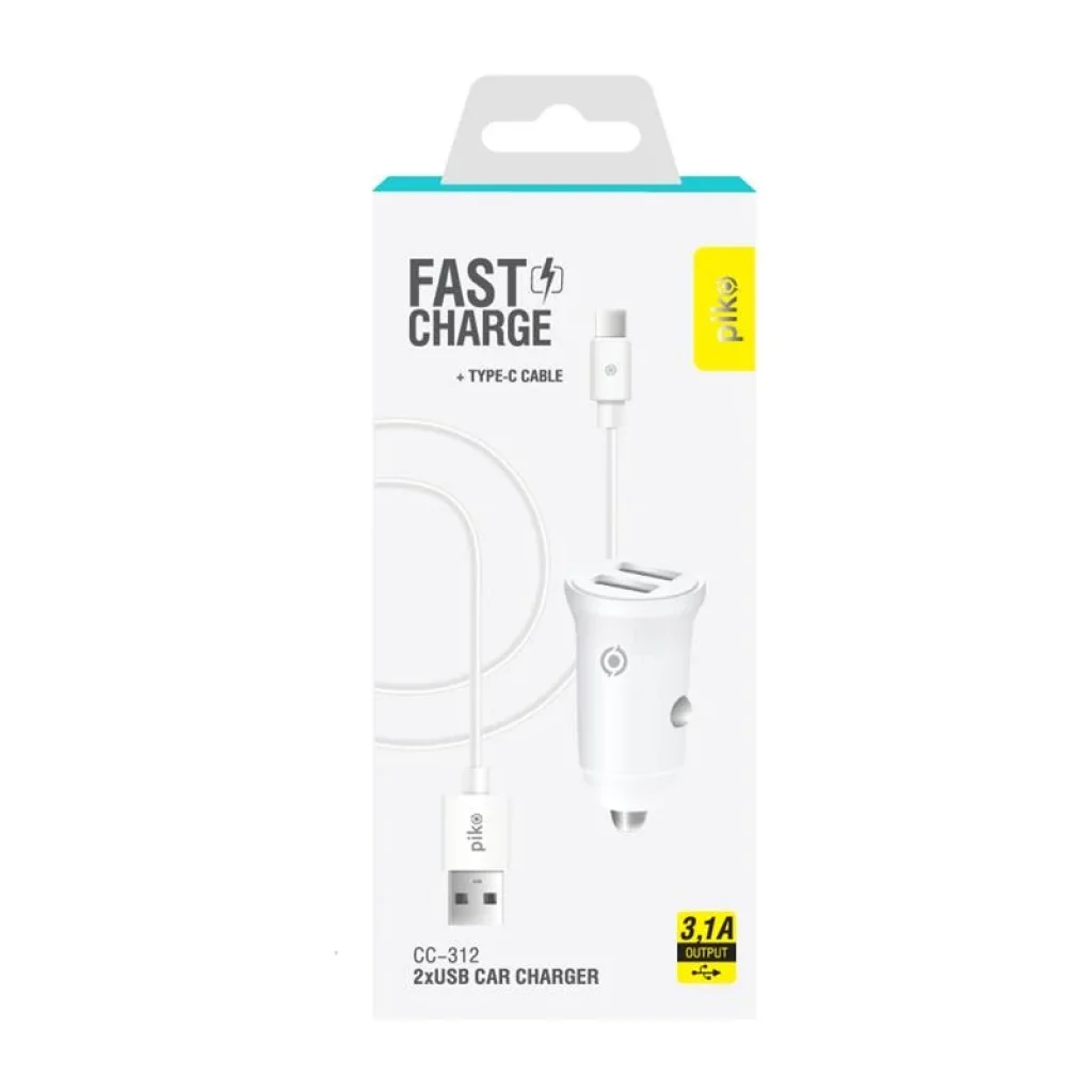 АЗП Piko CC-312 (2USB, 3.1A) White + кабель Type-C (1283126538803) UA