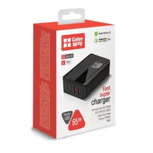 МЗП ColorWay Power Delivery (2USB-A + 2USB TYPE-C) (65W) Black (CW-CHS040PD-BK) UA