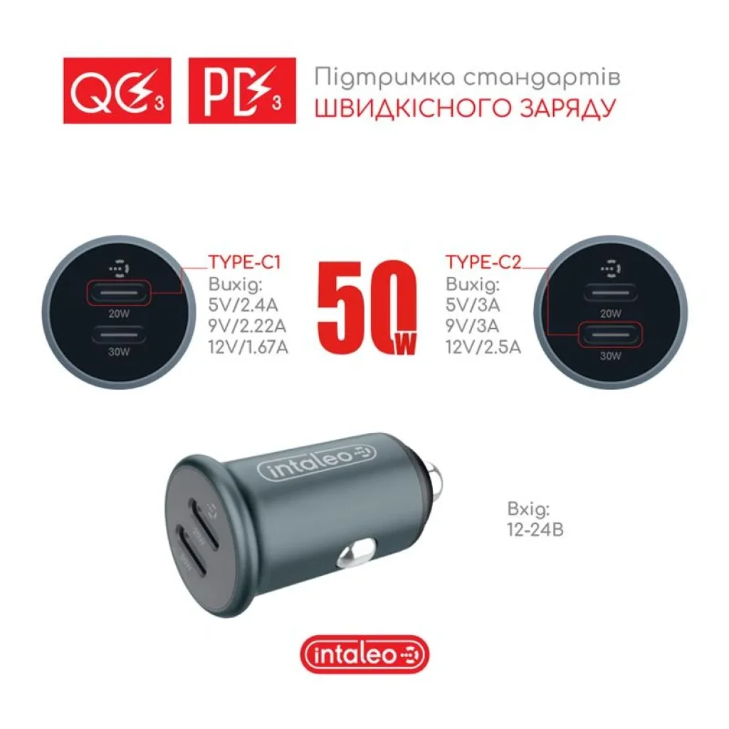 АЗП Intaleo CCGQPD250 (2USB, 3A) Grey UA