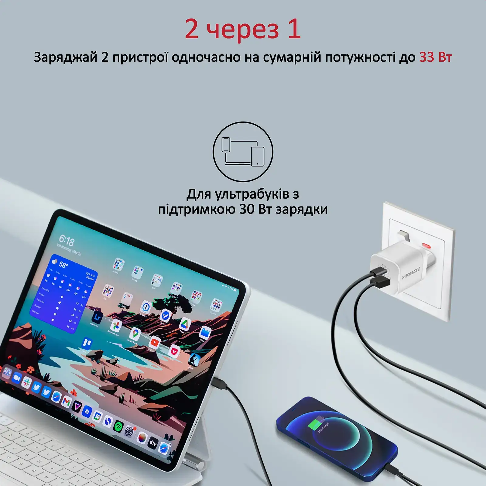 Зарядний пристрій Promate PowerPort-33 White UA