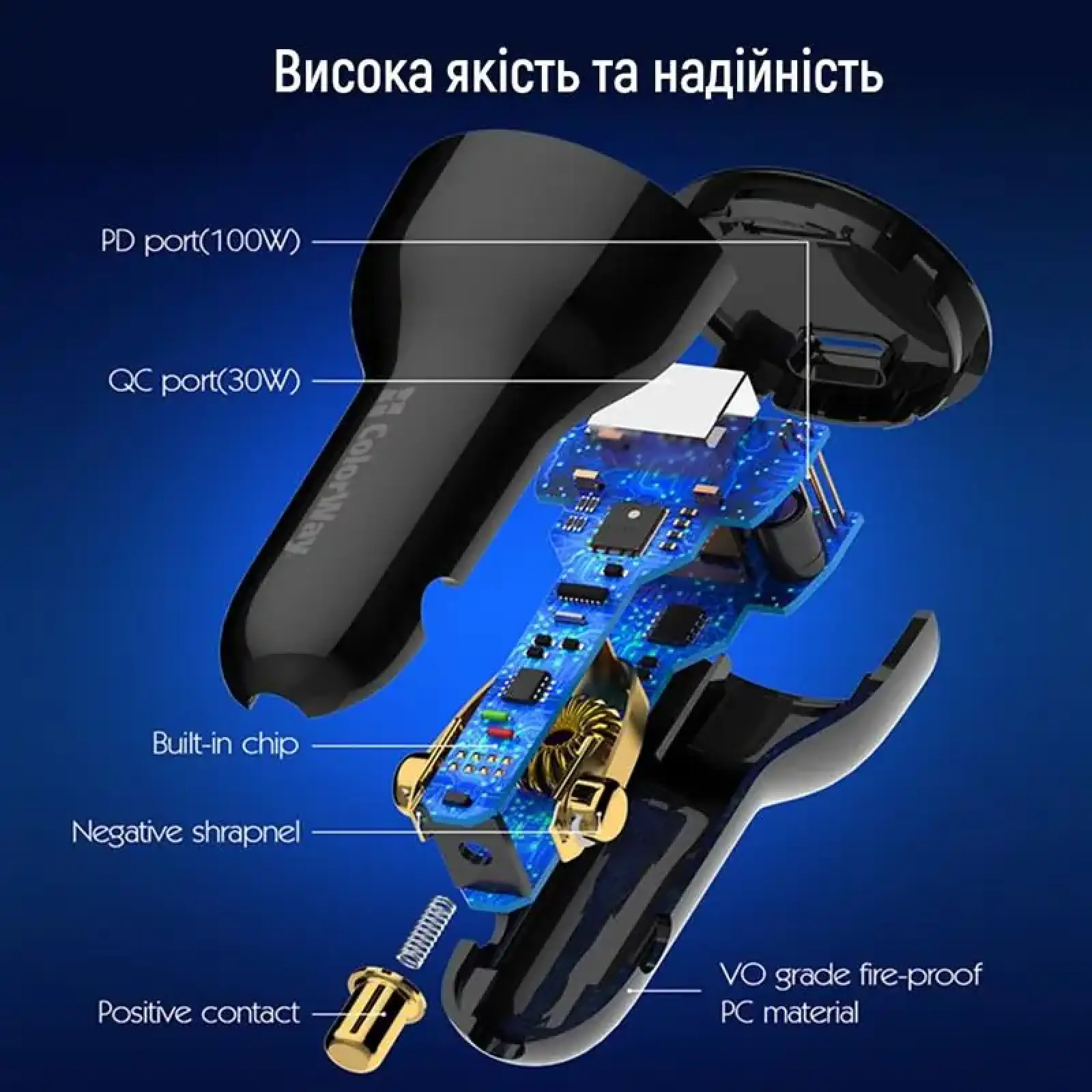 АЗУ ColorWay Power Delivery Port PPS USB (USB-A + USB-C, 100W) PD, QC Black (CW-CHA044PD-BK) UA