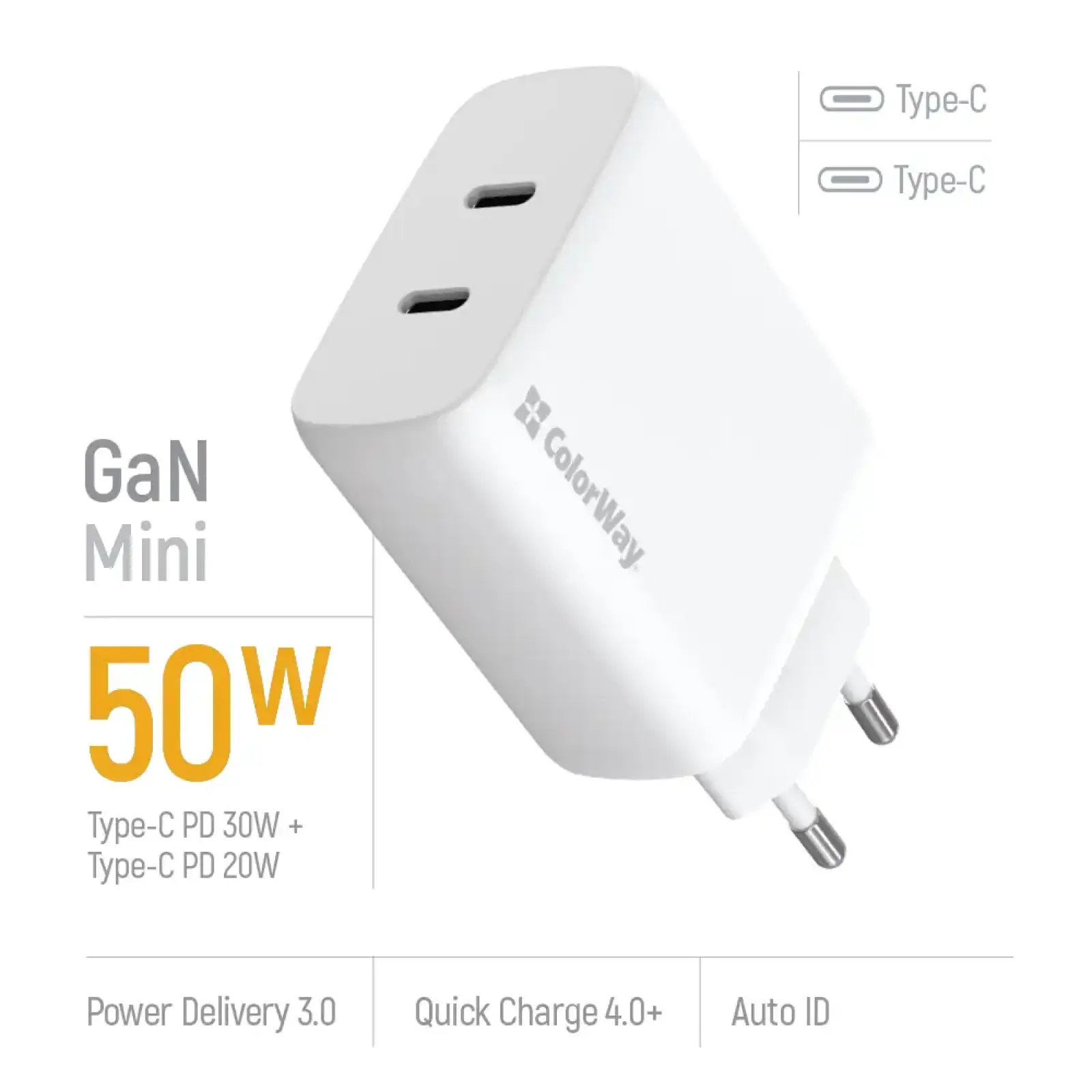 СЗУ ColorWay GaN Mini 50W PD Port PPS USB (Type-C PD 30W + Type-C PD 20W) White (CW-CHS050PD-WT) UA