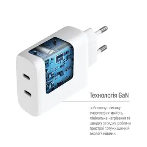 СЗУ ColorWay GaN Mini 50W PD Port PPS USB (Type-C PD 30W + Type-C PD 20W) White (CW-CHS050PD-WT) UA