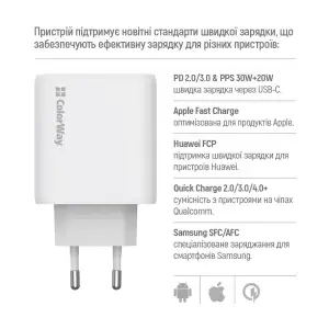 СЗУ ColorWay GaN Mini 50W PD Port PPS USB (Type-C PD 30W + Type-C PD 20W) White (CW-CHS050PD-WT) UA