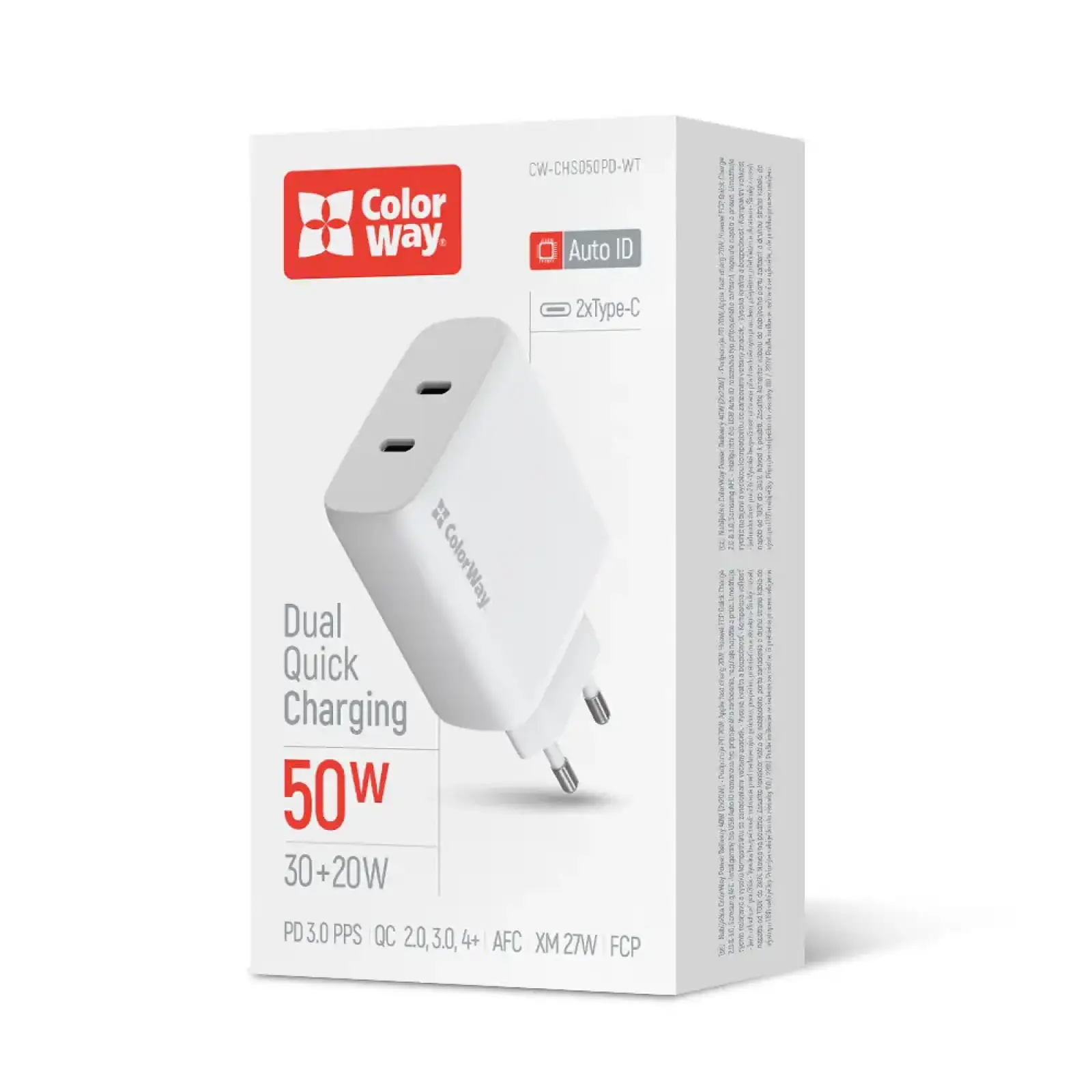 СЗУ ColorWay GaN Mini 50W PD Port PPS USB (Type-C PD 30W + Type-C PD 20W) White (CW-CHS050PD-WT) UA