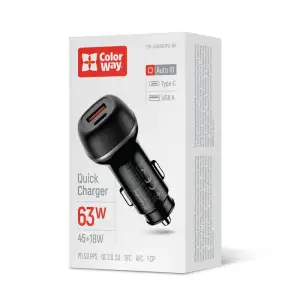 АЗУ ColorWay 2USB (Type-C PD45W + USB QC3.0 18W) 63W Black (CW-CHA067PD-BK) UA