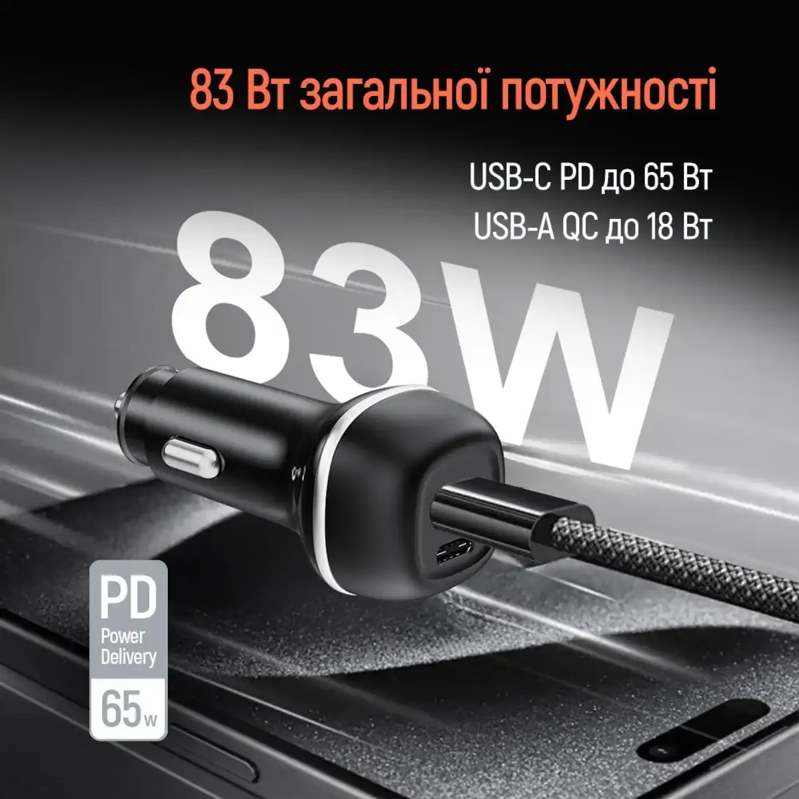 АЗУ ColorWay 2USB (Type-C PD65W + USB QC3.0 18W) 83W Black (CW-CHA068PD-BK) UA