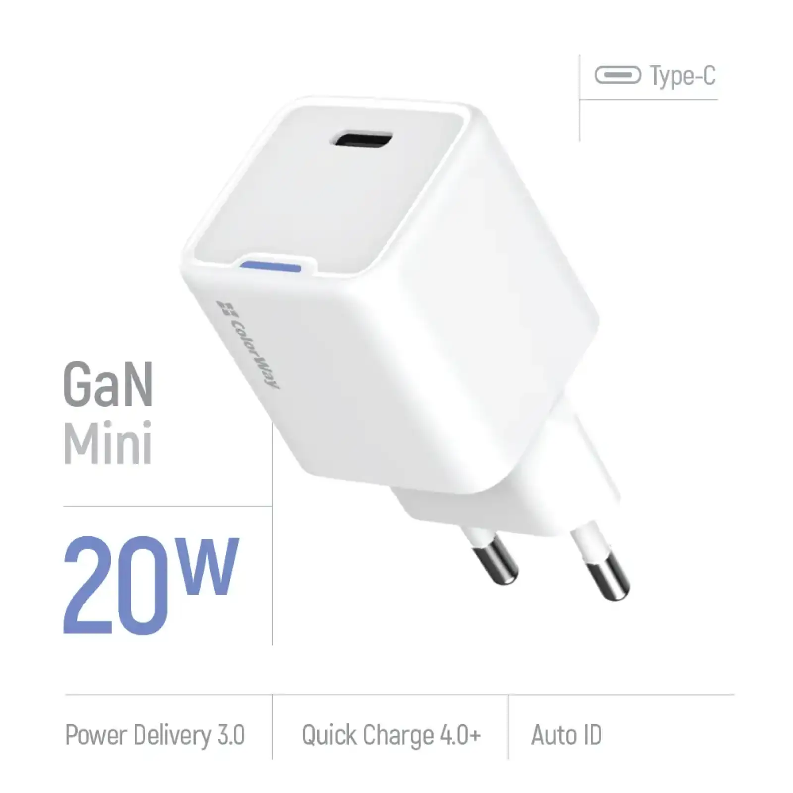 МЗП ColorWay GaN Mini 20W PD Port PPS USB-C White (CW-CHS059PD-WT) UA