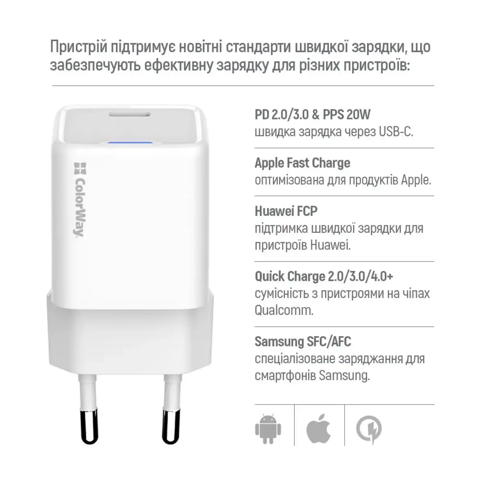 МЗП ColorWay GaN Mini 20W PD Port PPS USB-C White (CW-CHS059PD-WT) UA