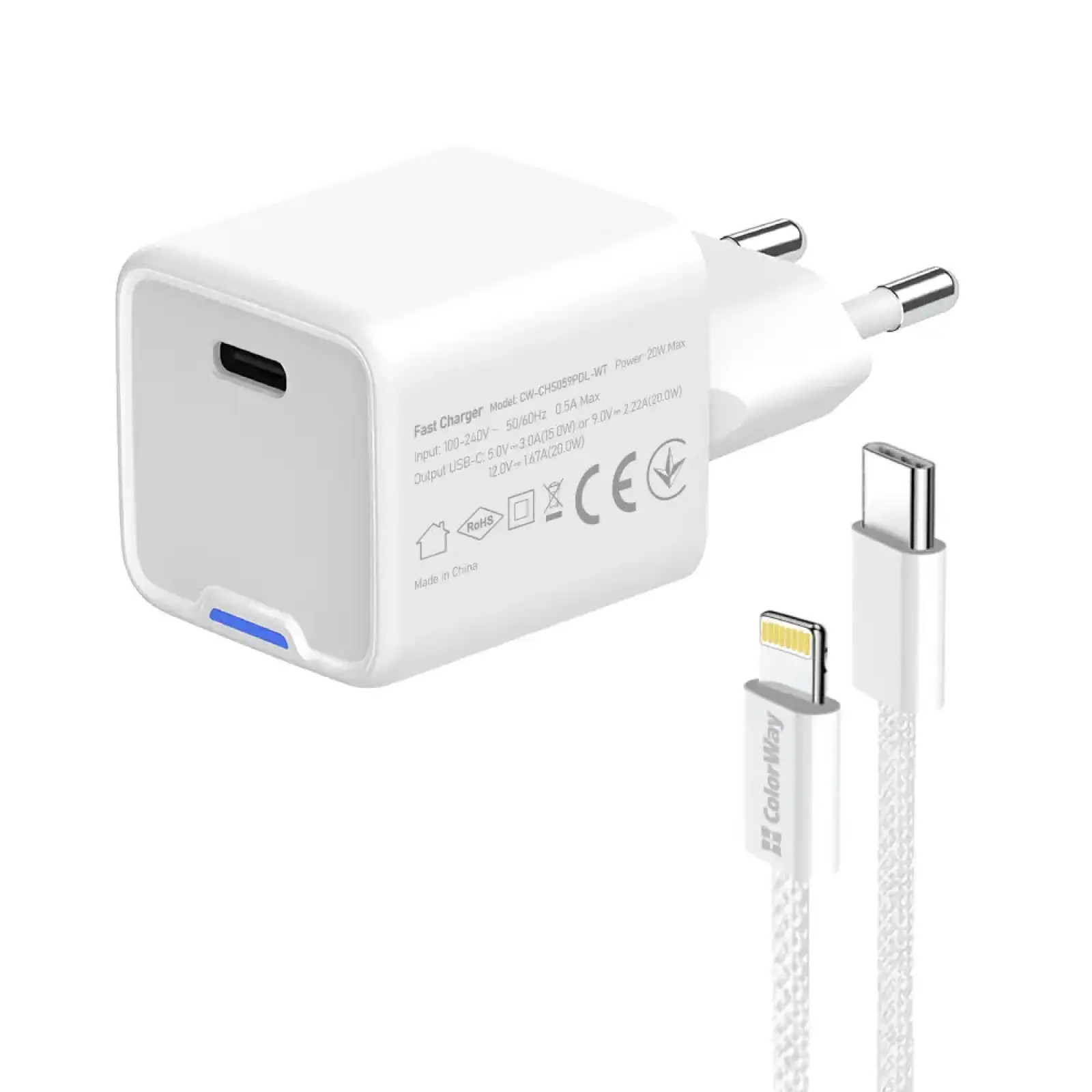 СЗУ ColorWay GaN Mini 20W PD Port PPS USB-C White (CW-CHS059PDL-WT) + кабель Lightning UA