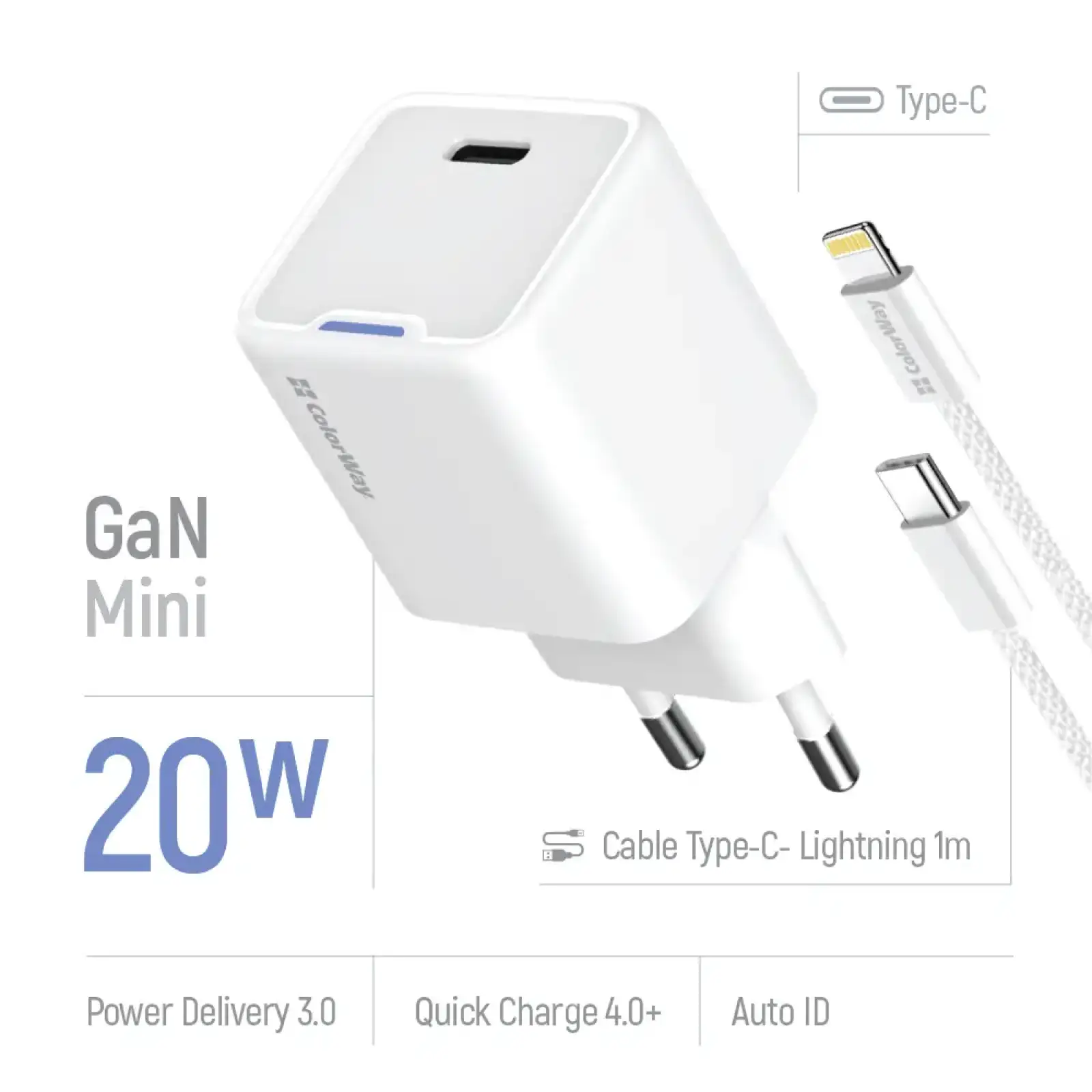 СЗУ ColorWay GaN Mini 20W PD Port PPS USB-C White (CW-CHS059PDL-WT) + кабель Lightning UA