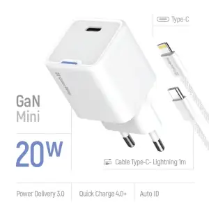 СЗУ ColorWay GaN Mini 20W PD Port PPS USB-C White (CW-CHS059PDL-WT) + кабель Lightning UA
