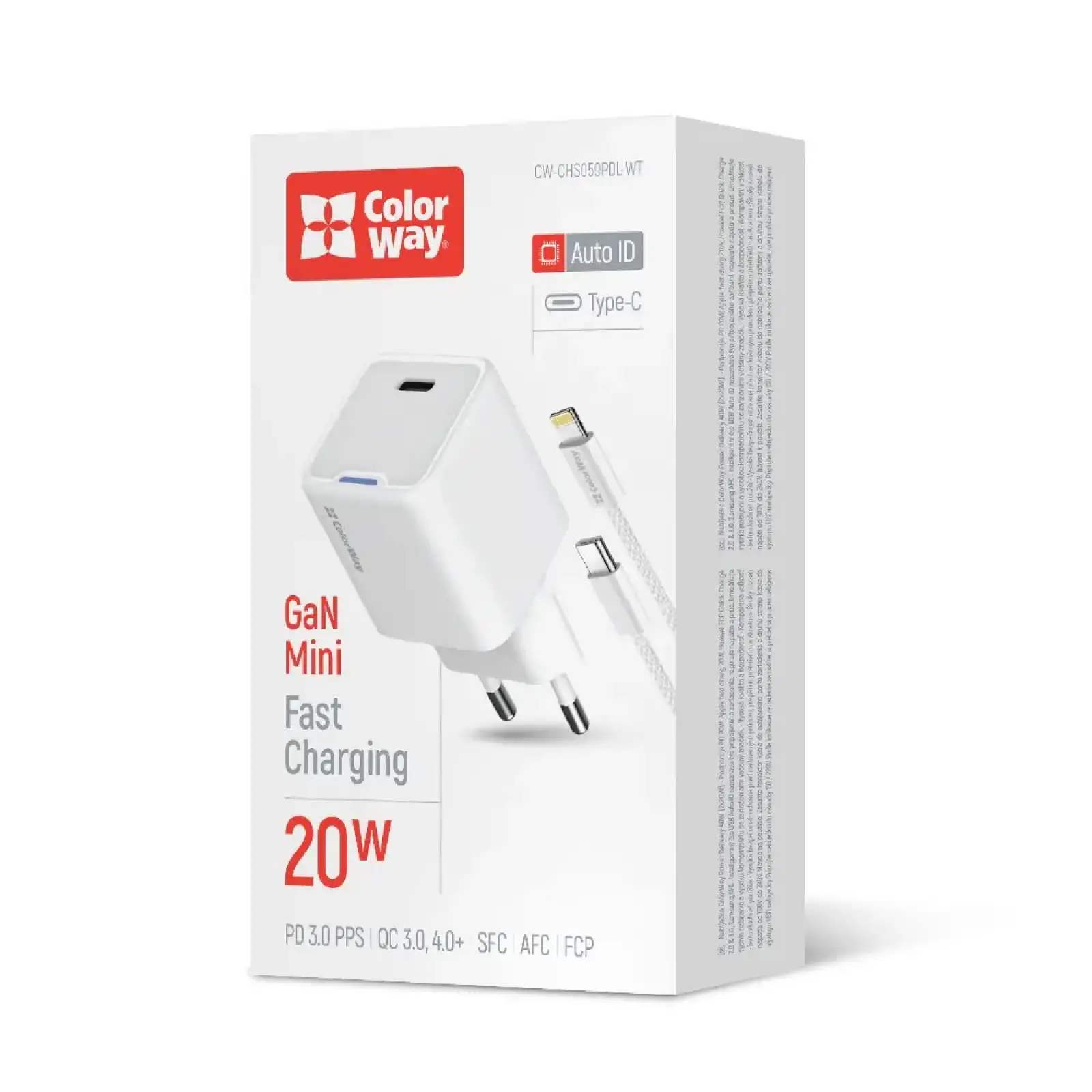 СЗУ ColorWay GaN Mini 20W PD Port PPS USB-C White (CW-CHS059PDL-WT) + кабель Lightning UA