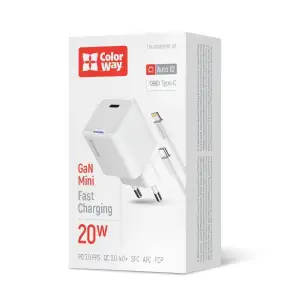 СЗУ ColorWay GaN Mini 20W PD Port PPS USB-C White (CW-CHS059PDL-WT) + кабель Lightning UA