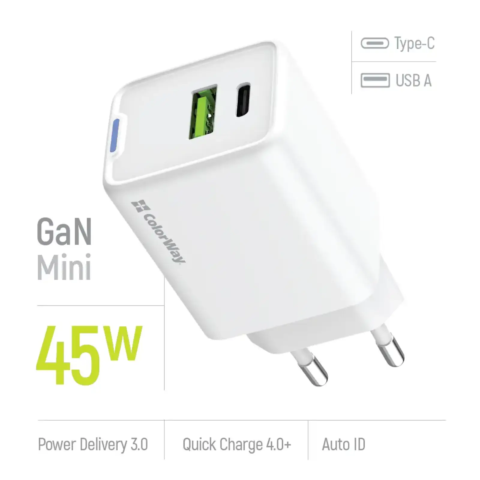 СЗУ ColorWay GaN Mini 45W PD Port PPS USB (Type-C PD + USB QC4.0) White (CW-CHS060PD-WT) UA