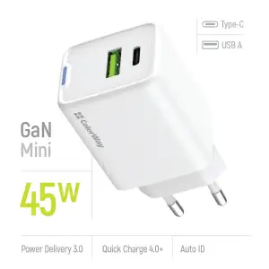 СЗУ ColorWay GaN Mini 45W PD Port PPS USB (Type-C PD + USB QC4.0) White (CW-CHS060PD-WT) UA