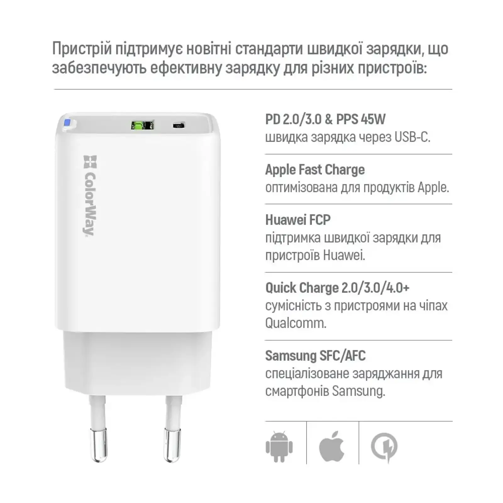 СЗУ ColorWay GaN Mini 45W PD Port PPS USB (Type-C PD + USB QC4.0) White (CW-CHS060PD-WT) UA