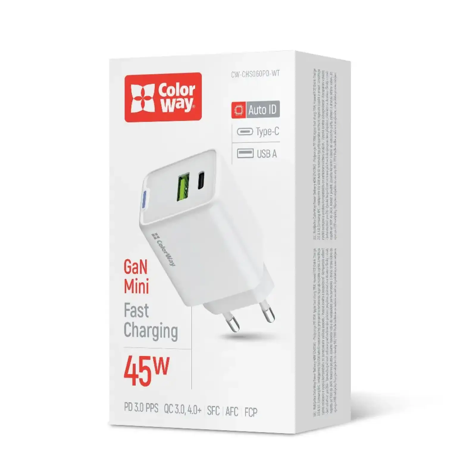 СЗУ ColorWay GaN Mini 45W PD Port PPS USB (Type-C PD + USB QC4.0) White (CW-CHS060PD-WT) UA