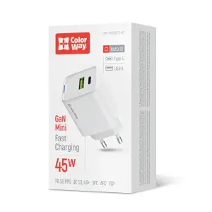 СЗУ ColorWay GaN Mini 45W PD Port PPS USB (Type-C PD + USB QC4.0) White (CW-CHS060PD-WT) UA