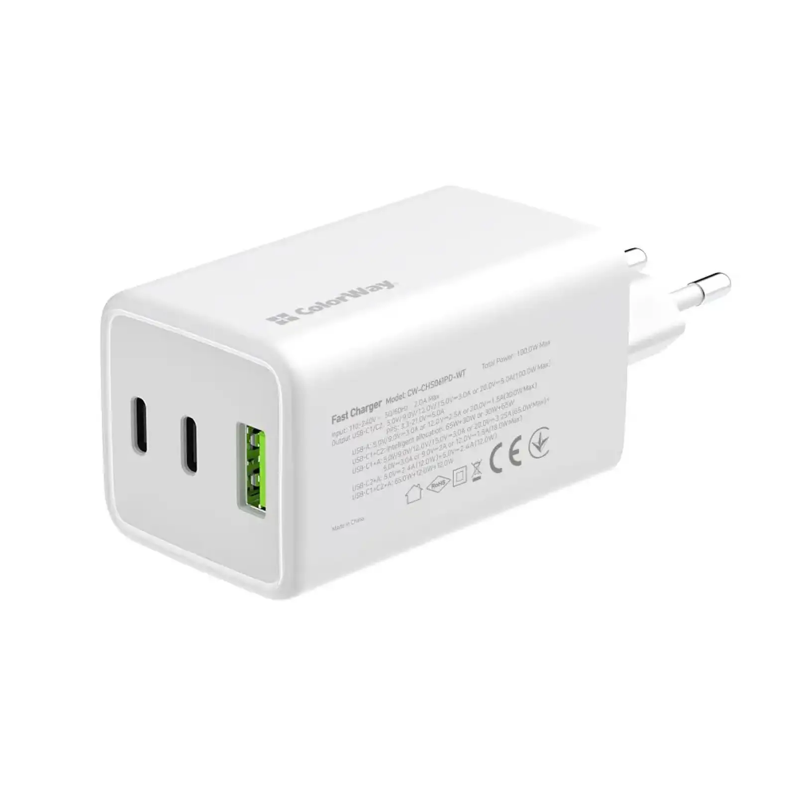 МЗП ColorWay GaN Mini 100W PD Port PPS USB (USB-2C1A) White (CW-CHS061PD-WT) UA
