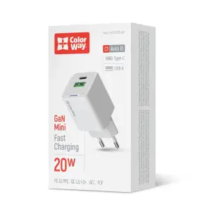 МЗП ColorWay GaN Mini 20W PD Port PPS USB (Type-C PD + USB QC4.0) White (CW-CHS062PD-WT) UA