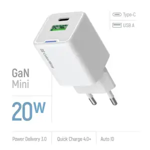 СЗУ ColorWay GaN Mini 20W PD Port PPS USB (Type-C PD + USB QC4.0) White (CW-CHS062PD-WT) UA