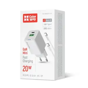 МЗП ColorWay GaN Mini 20W PD Port PPS USB (Type-C PD + USB QC4.0) White (CW-CHS062PDC-WT) + кабель Type-C UA