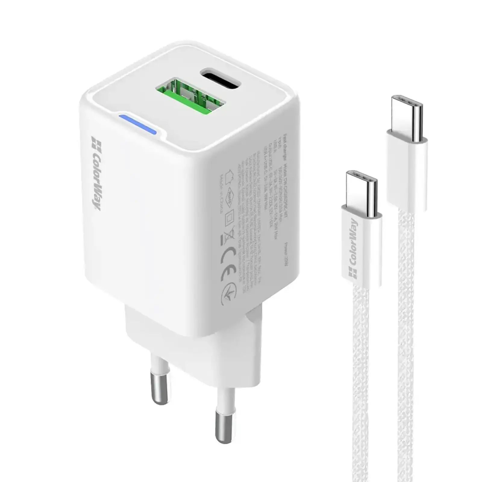 СЗУ ColorWay GaN Mini 20W PD Port PPS USB (Type-C PD + USB QC4.0) White (CW-CHS062PDC-WT) + кабель Type-C UA