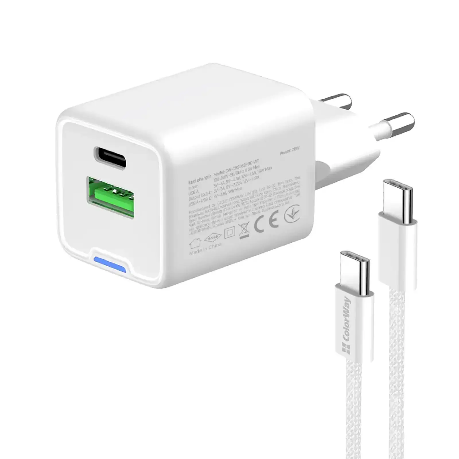СЗУ ColorWay GaN Mini 20W PD Port PPS USB (Type-C PD + USB QC4.0) White (CW-CHS062PDC-WT) + кабель Type-C UA