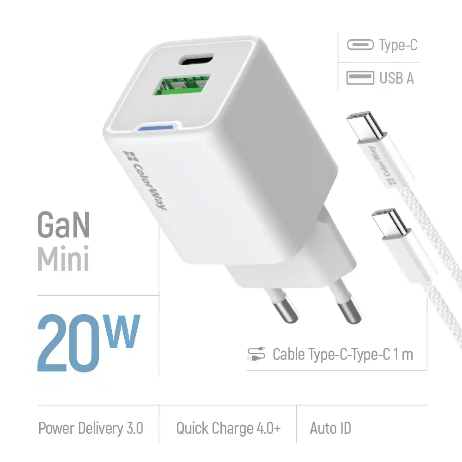 СЗУ ColorWay GaN Mini 20W PD Port PPS USB (Type-C PD + USB QC4.0) White (CW-CHS062PDC-WT) + кабель Type-C UA