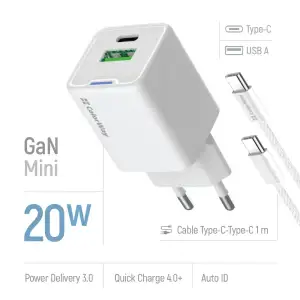 СЗУ ColorWay GaN Mini 20W PD Port PPS USB (Type-C PD + USB QC4.0) White (CW-CHS062PDC-WT) + кабель Type-C UA
