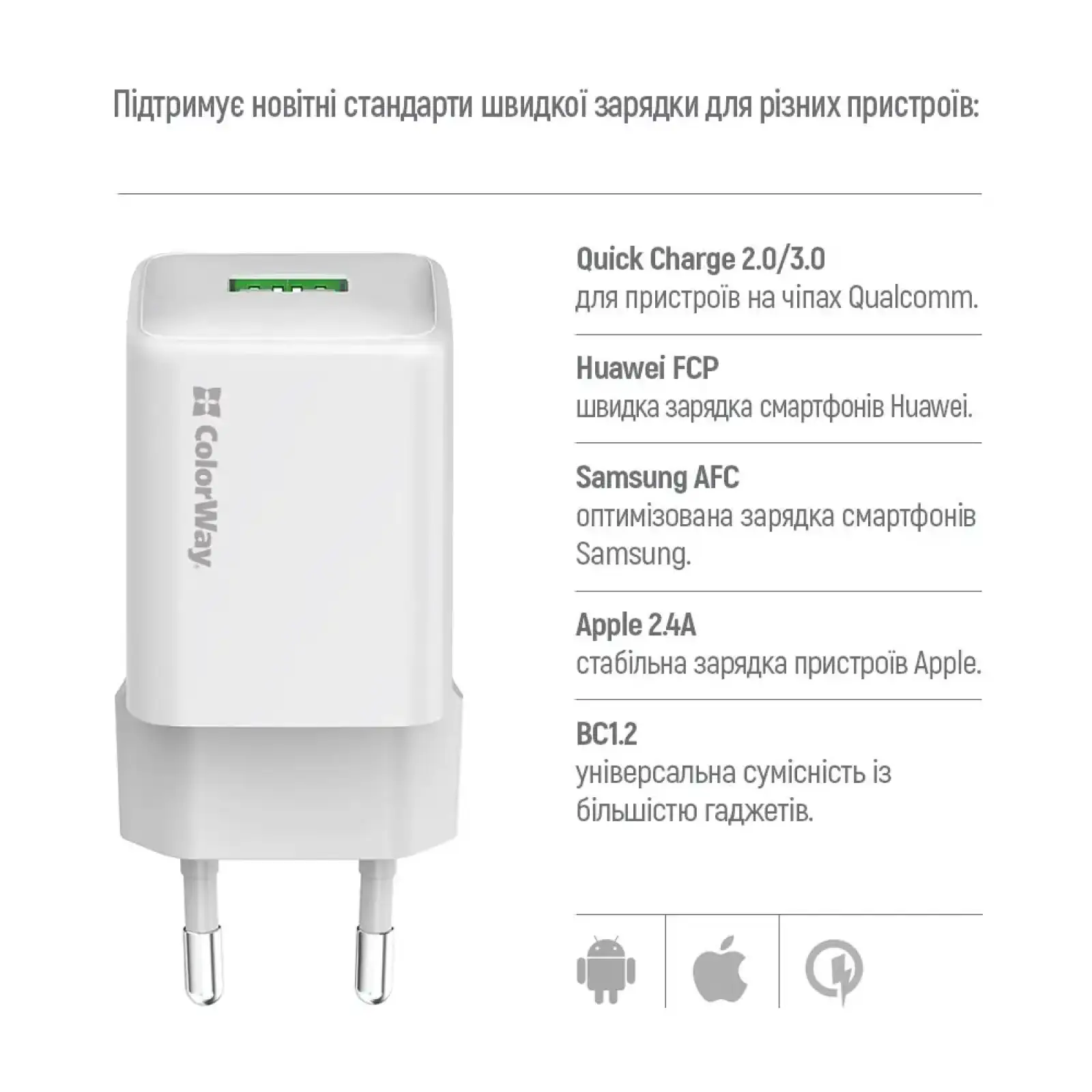 СЗУ ColorWay 1USB Quick Charge 3.0 (18W) V2 White (CW-CHS063Q-WT) UA