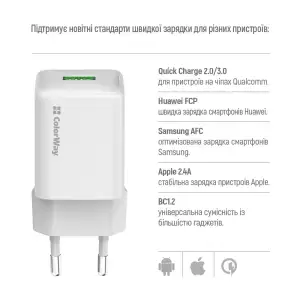 СЗУ ColorWay 1USB Quick Charge 3.0 (18W) V2 White (CW-CHS063Q-WT) UA