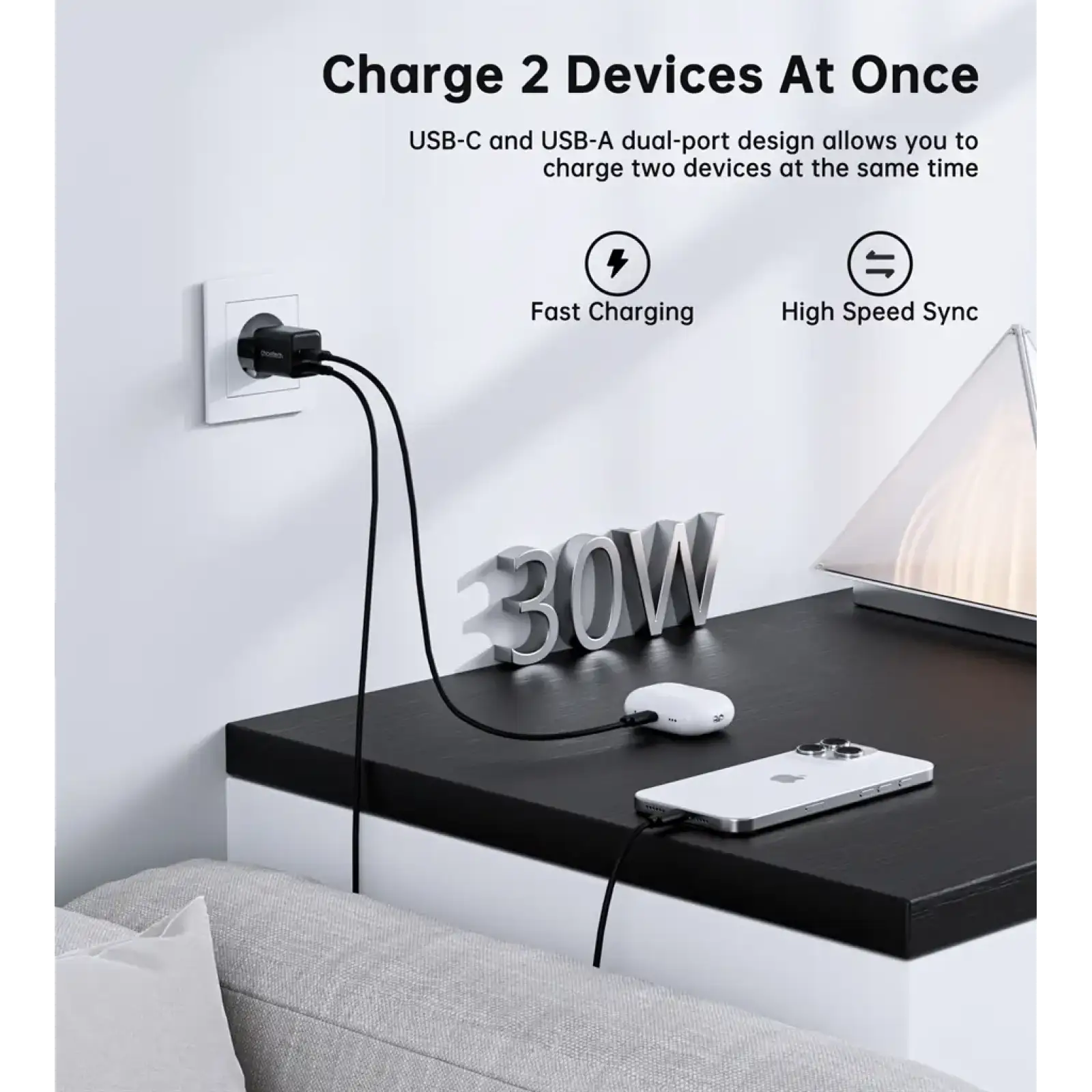 МЗП Choetech (USB-C+USB-A) Black (PD5012-EU-BK) UA